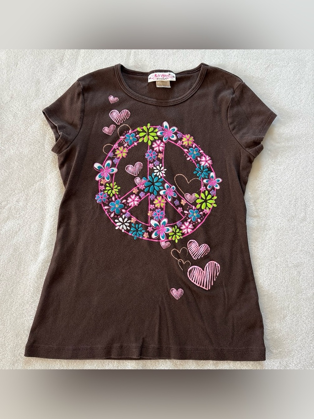 Vintage Y2K Self Esteem Girls Brown Floral Peace Short Sleeve Large (14)